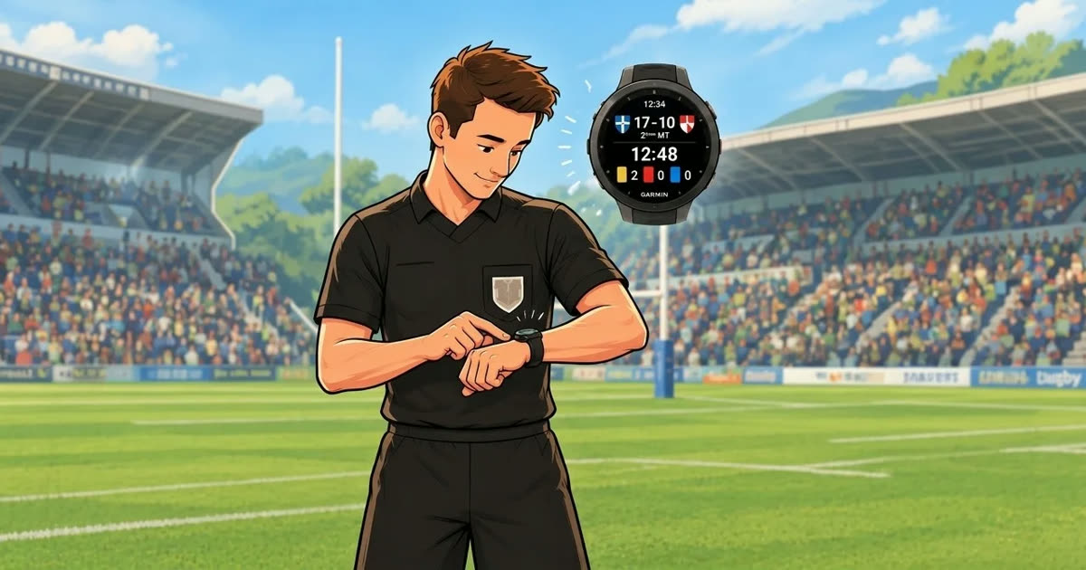 A referee checks a smartwatch showing the timer, score and cards