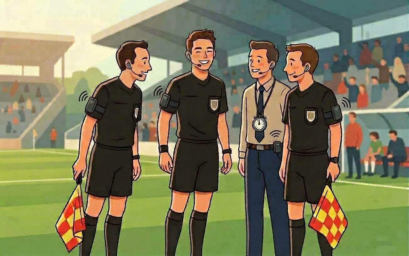 A refereeing team wearing Bluetooth headsets and holding connected flags